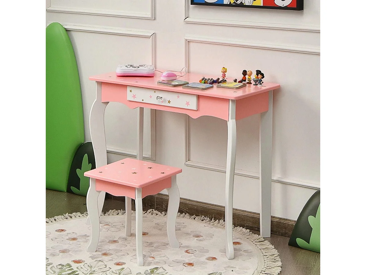 Kinder Schminktisch Prinzessin Frisiertisch mit Schublade Klappbarer Spiegel mit Schminktisch Rosa