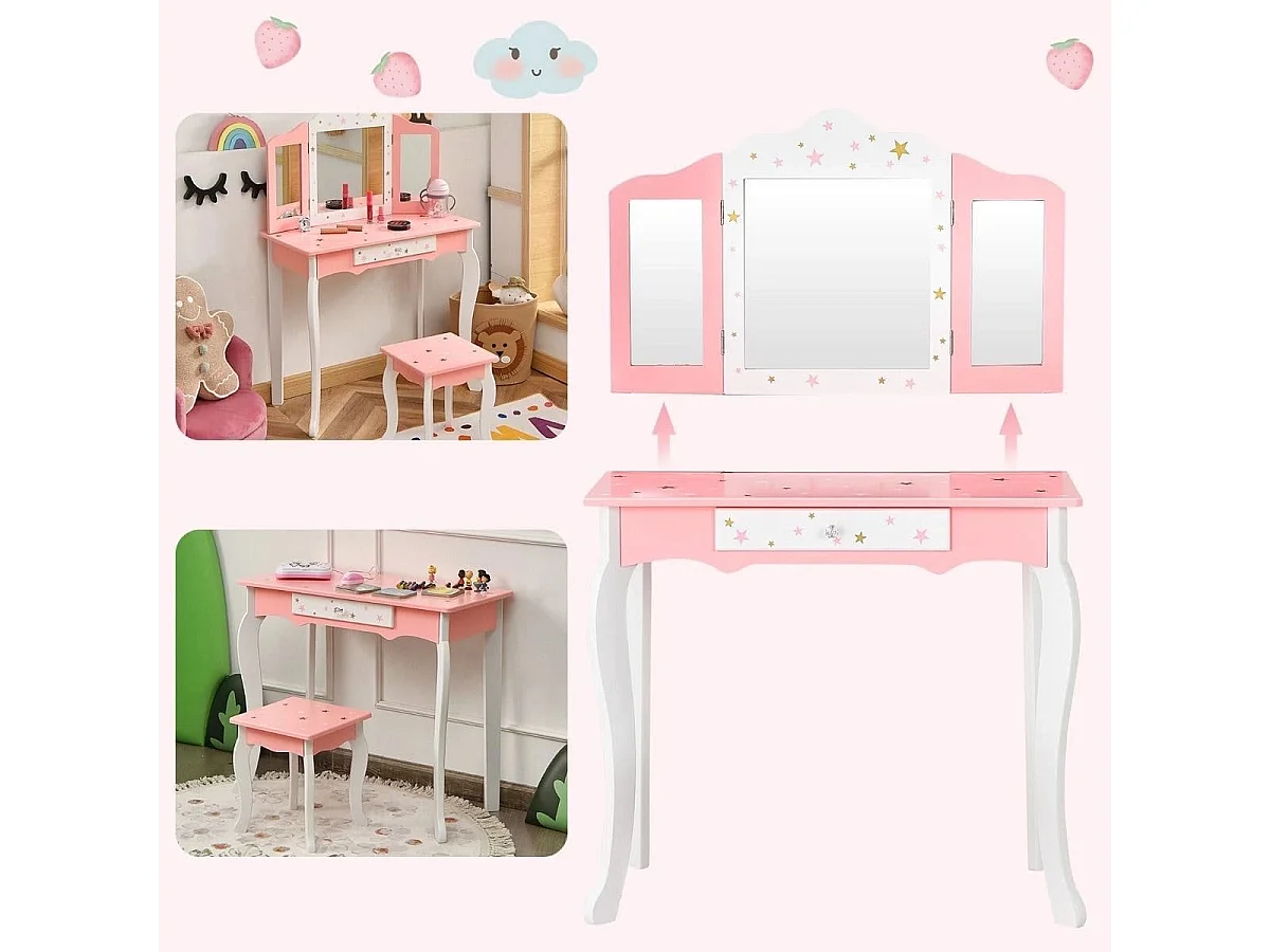 Kinder Schminktisch Prinzessin Frisiertisch mit Schublade Klappbarer Spiegel mit Schminktisch Rosa