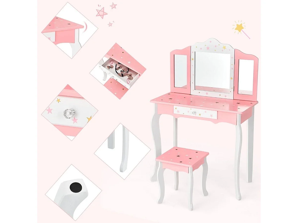 Kinder Schminktisch Prinzessin Frisiertisch mit Schublade Klappbarer Spiegel mit Schminktisch Rosa