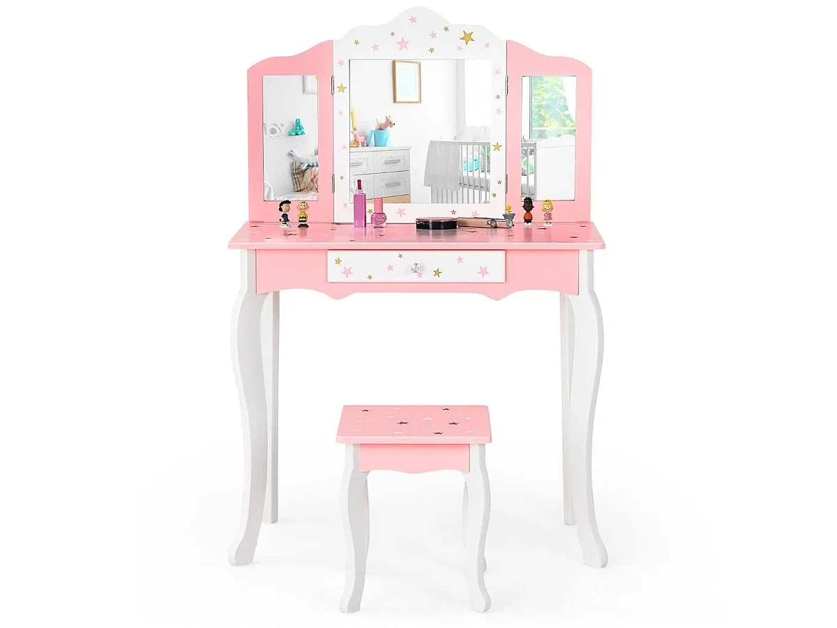 Kinder Schminktisch Prinzessin Frisiertisch mit Schublade Klappbarer Spiegel mit Schminktisch Rosa