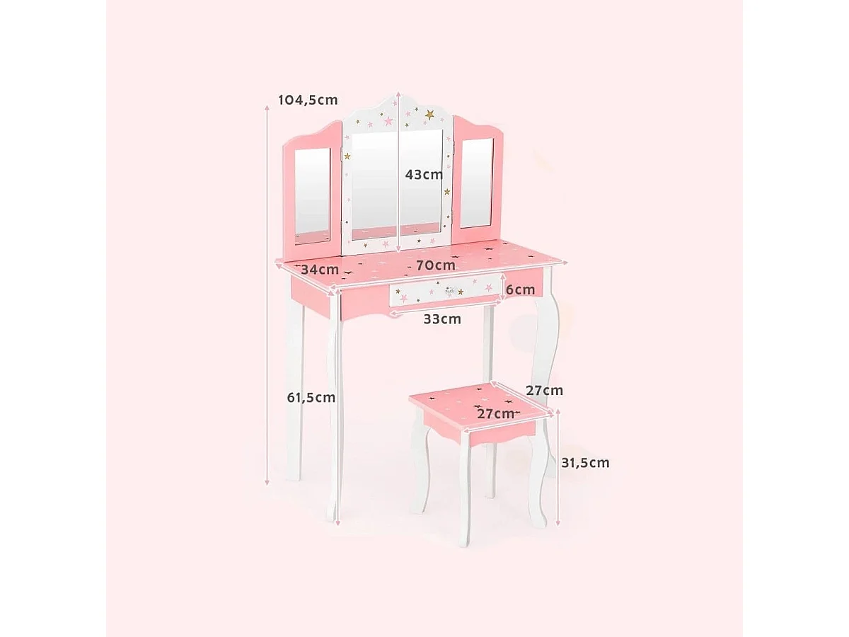 Kinder Schminktisch Prinzessin Frisiertisch mit Schublade Klappbarer Spiegel mit Schminktisch Rosa