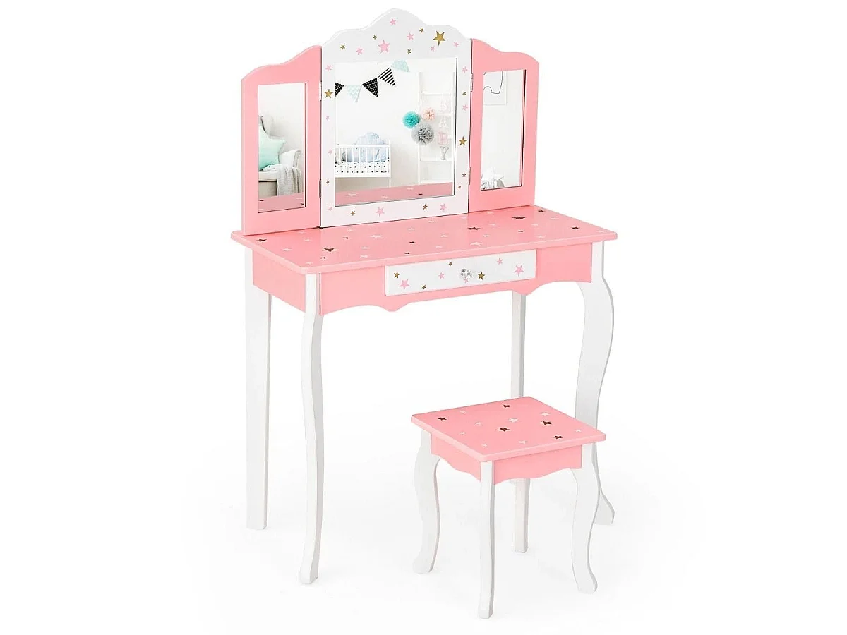 Kinder Schminktisch Prinzessin Frisiertisch mit Schublade Klappbarer Spiegel mit Schminktisch Rosa