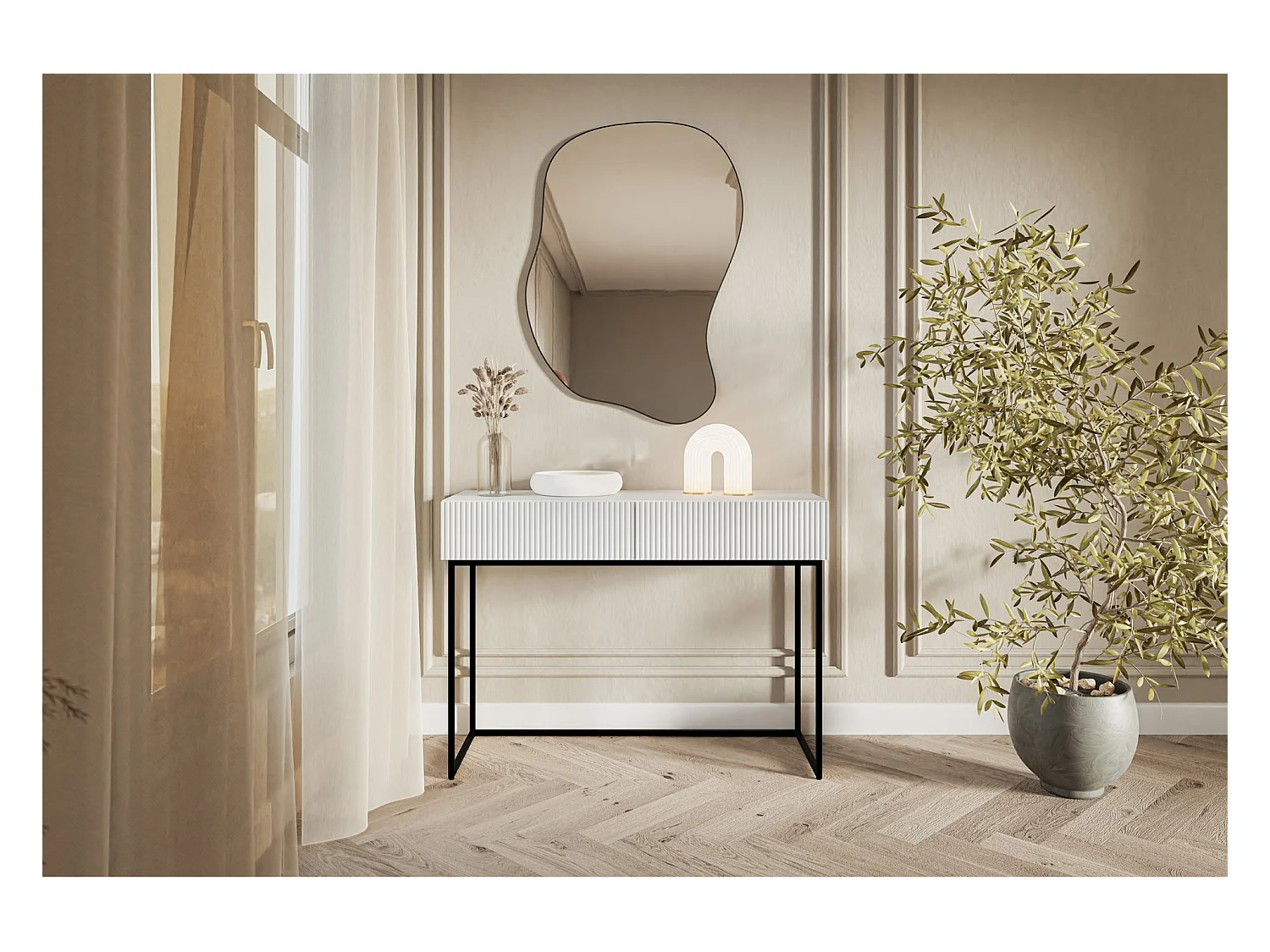 Coiffeuse avec tiroirs - blanc - 110 cm - avec pieds noirs - VELDIO