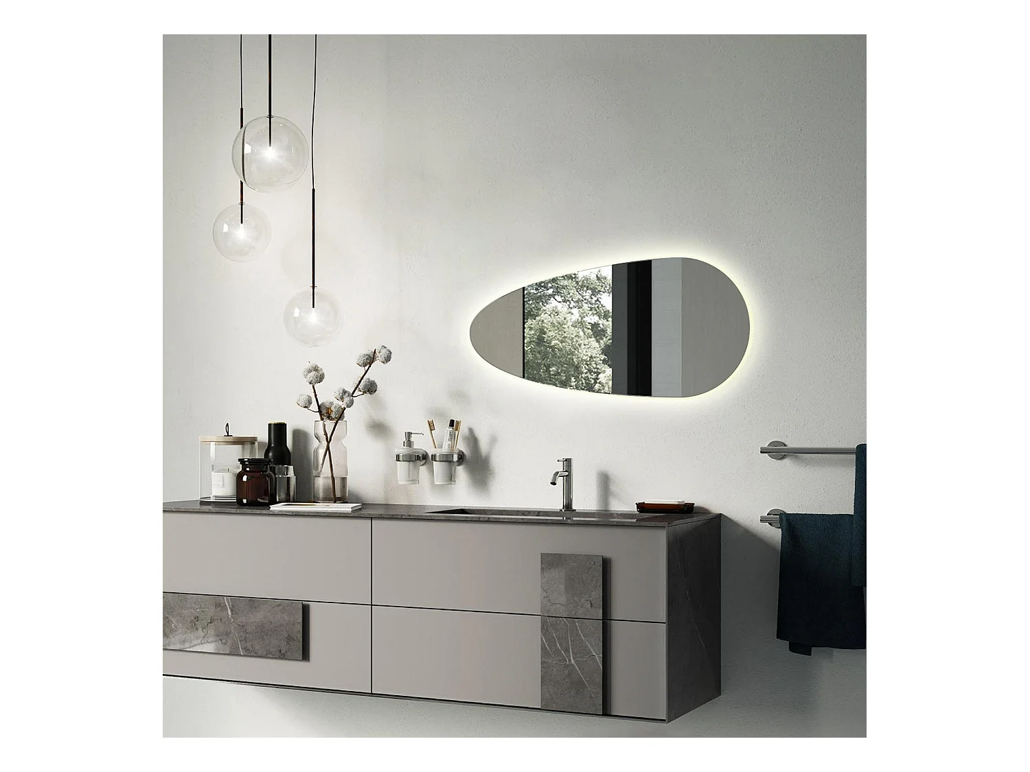 Miroir irrégulier - Larme - LED Premium Suspendu pour le Salon 40 cm x 80 cm - lumière chaude