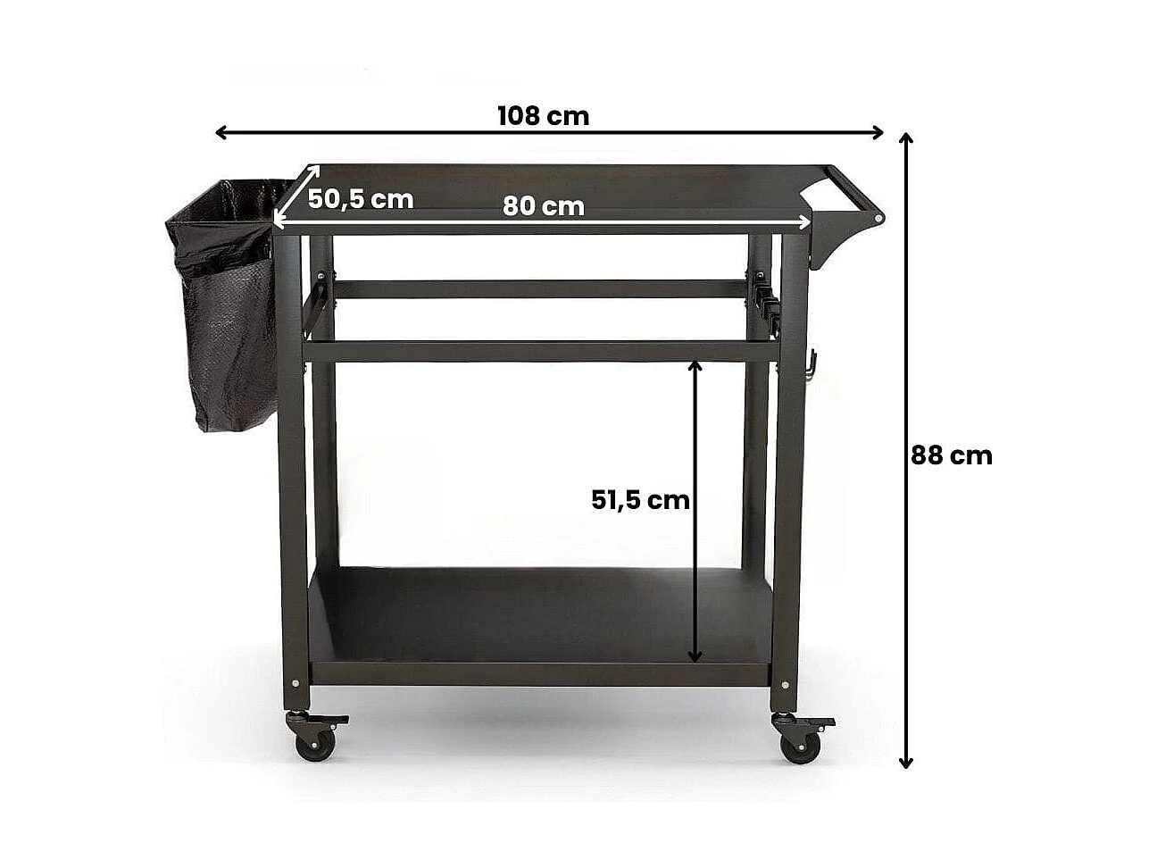 Grillwagen für den Außenbereich mit zwei Regalen 4 feststellbaren Rädern & Seitengriff Schwarz