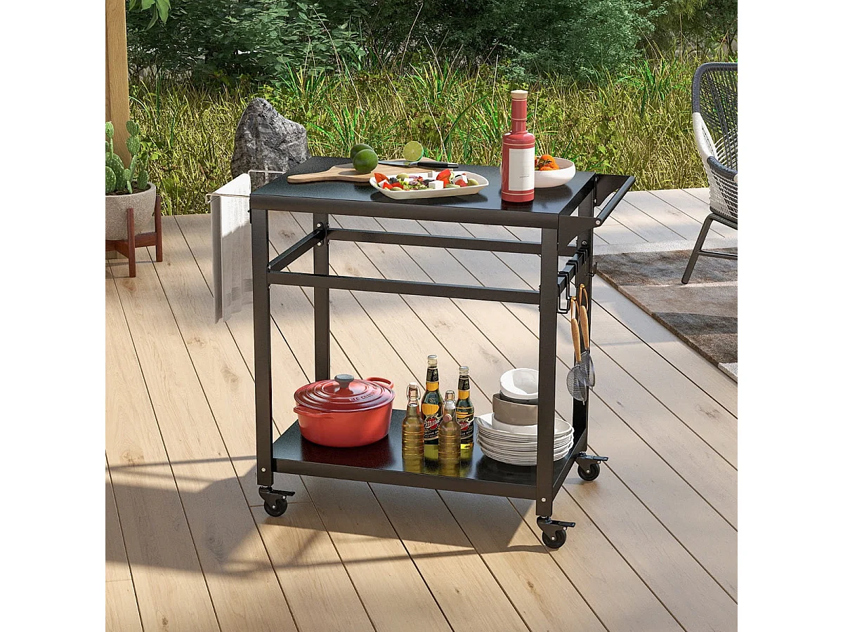 Grillwagen für den Außenbereich mit zwei Regalen 4 feststellbaren Rädern & Seitengriff Schwarz