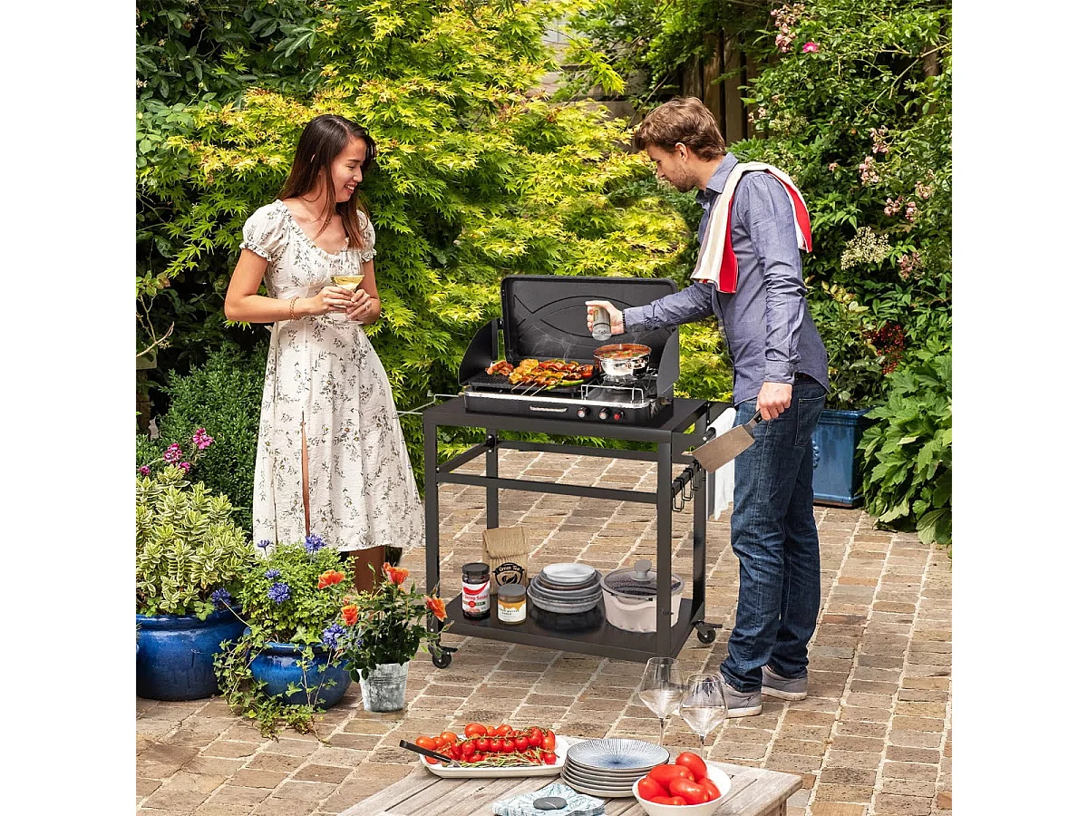 Grillwagen für den Außenbereich mit zwei Regalen 4 feststellbaren Rädern & Seitengriff Schwarz