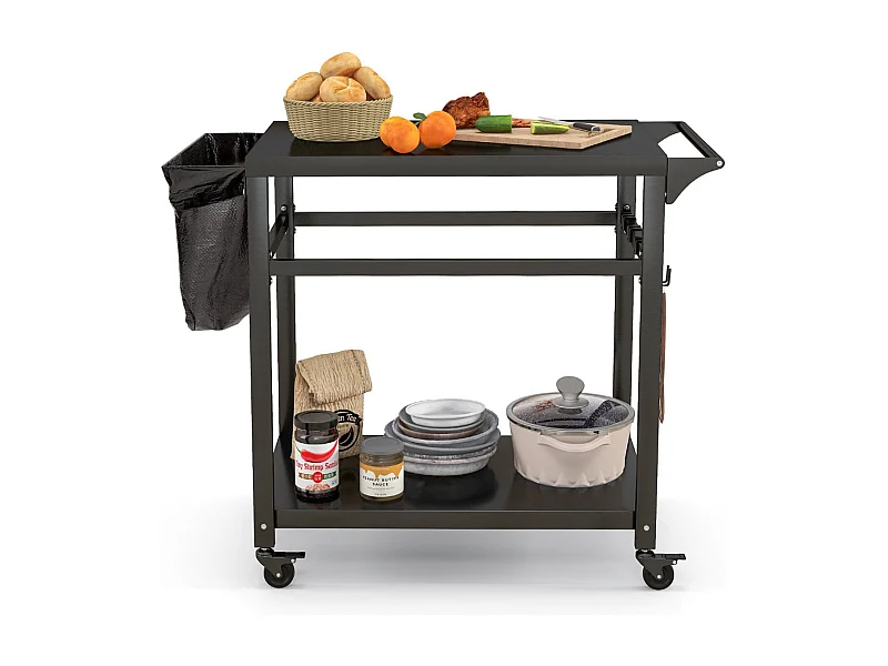 Carrello barbecue da esterno con 2 ripiani 4 ruote bloccabili ganci, Carrello BBQ portatile per forno pizza Nero
