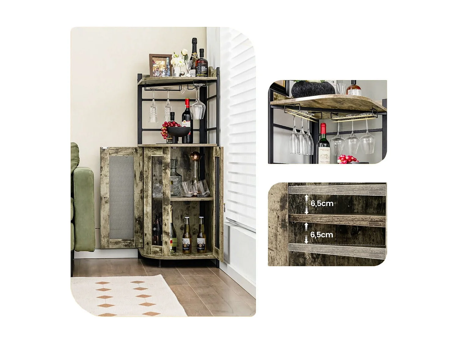 Weinschrank Industrial Barschrank mit Glashalter Küchenschrank Ecke 48 x 48 x 130 cm