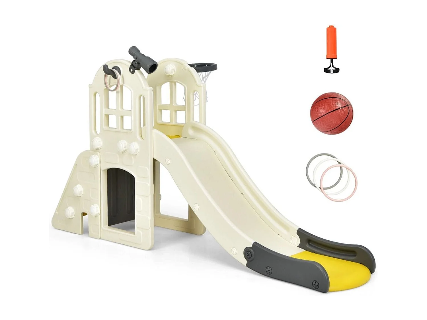 Kinderrutsche Kletterrutsche mit Basketballkorb Ball Ringwurf und Teleskop 189,5 x 83 x 98 cm Gelb