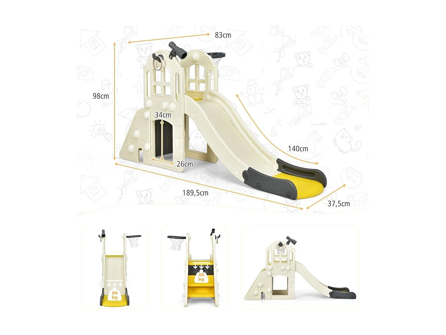 Kinderrutsche Kletterrutsche mit Basketballkorb Ball Ringwurf und Teleskop 189,5 x 83 x 98 cm Gelb