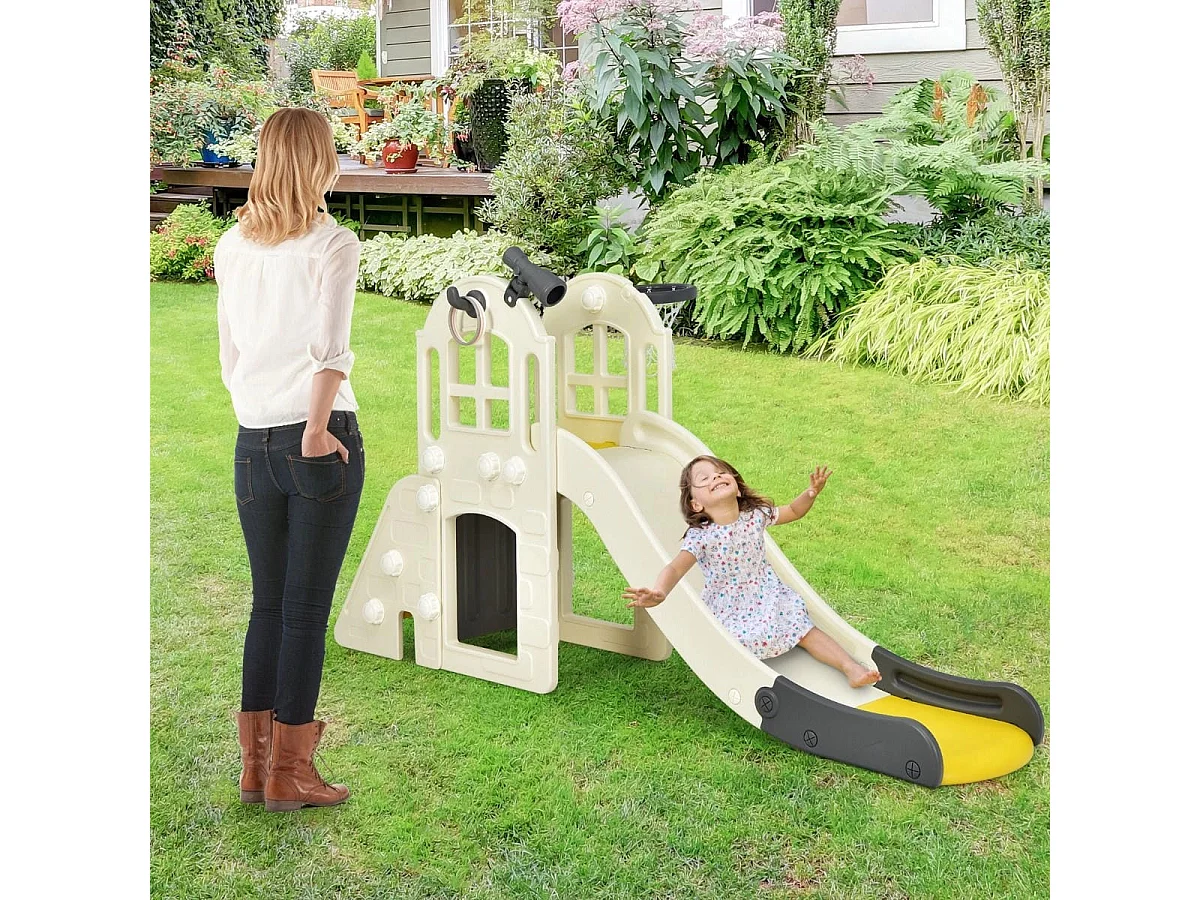 Kinderrutsche Kletterrutsche mit Basketballkorb Ball Ringwurf und Teleskop 189,5 x 83 x 98 cm Gelb