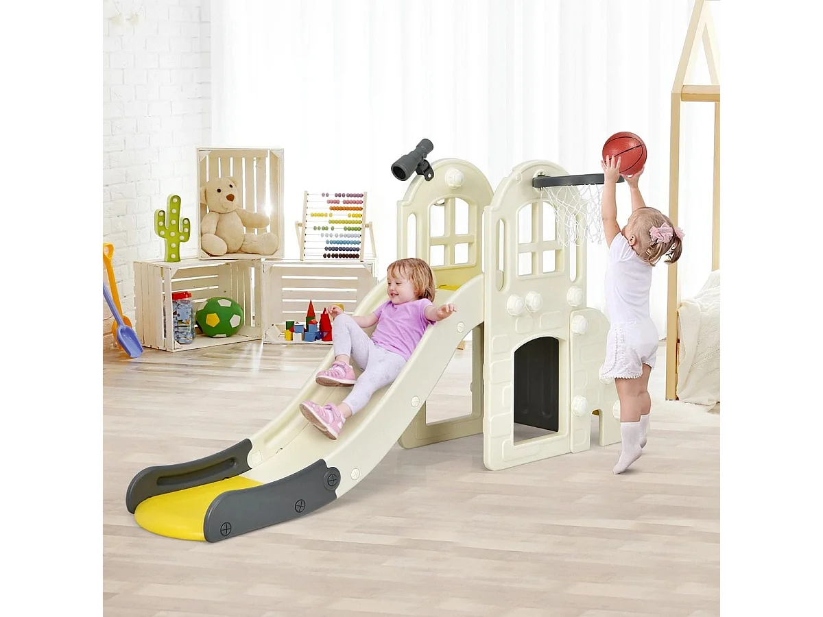 Kinderrutsche Kletterrutsche mit Basketballkorb Ball Ringwurf und Teleskop 189,5 x 83 x 98 cm Gelb