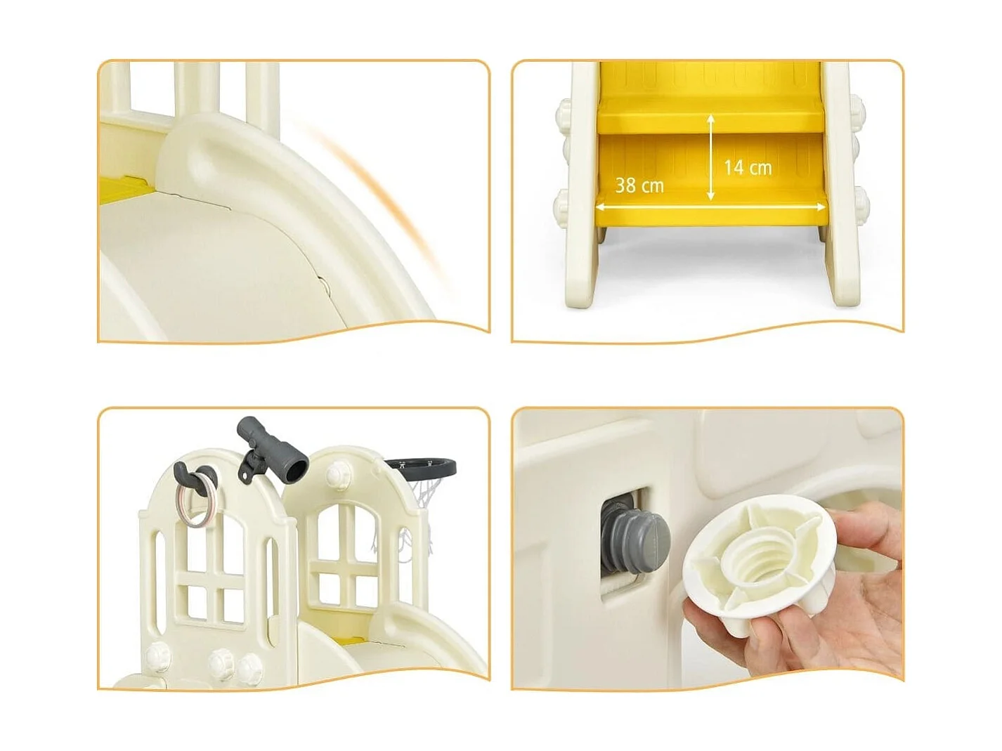 Kinderrutsche Kletterrutsche mit Basketballkorb Ball Ringwurf und Teleskop 189,5 x 83 x 98 cm Gelb