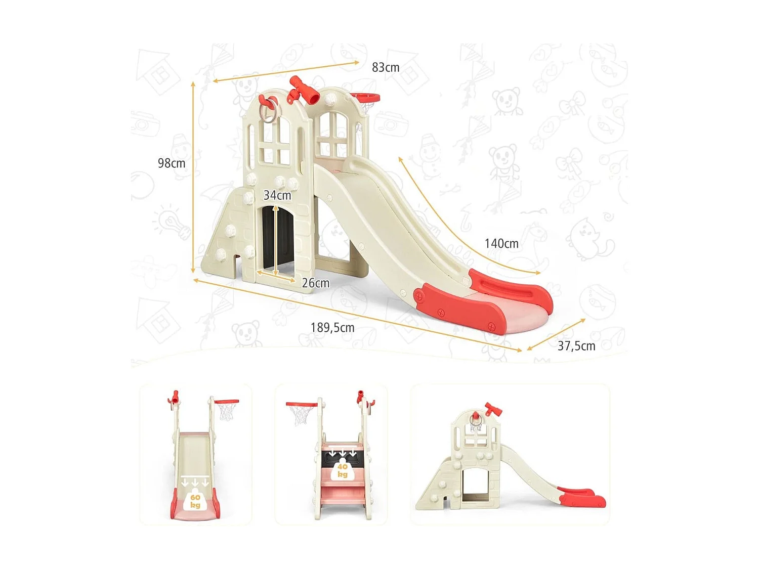 Kinderrutsche Kletterrutsche mit Basketballkorb Ball Ringwurf und Teleskop 189,5 x 83 x 98 cm Rosa