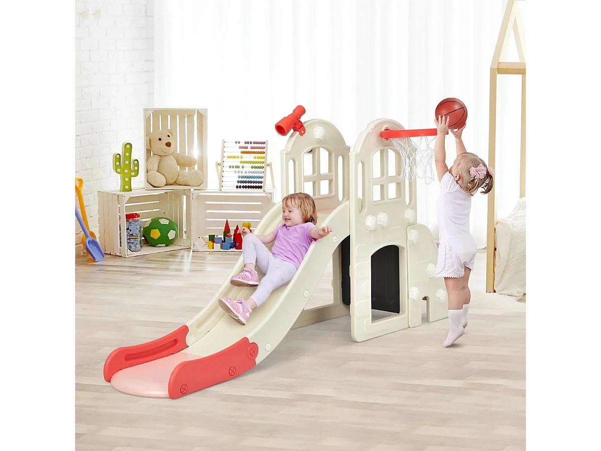 Kinderrutsche Kletterrutsche mit Basketballkorb Ball Ringwurf und Teleskop 189,5 x 83 x 98 cm Rosa