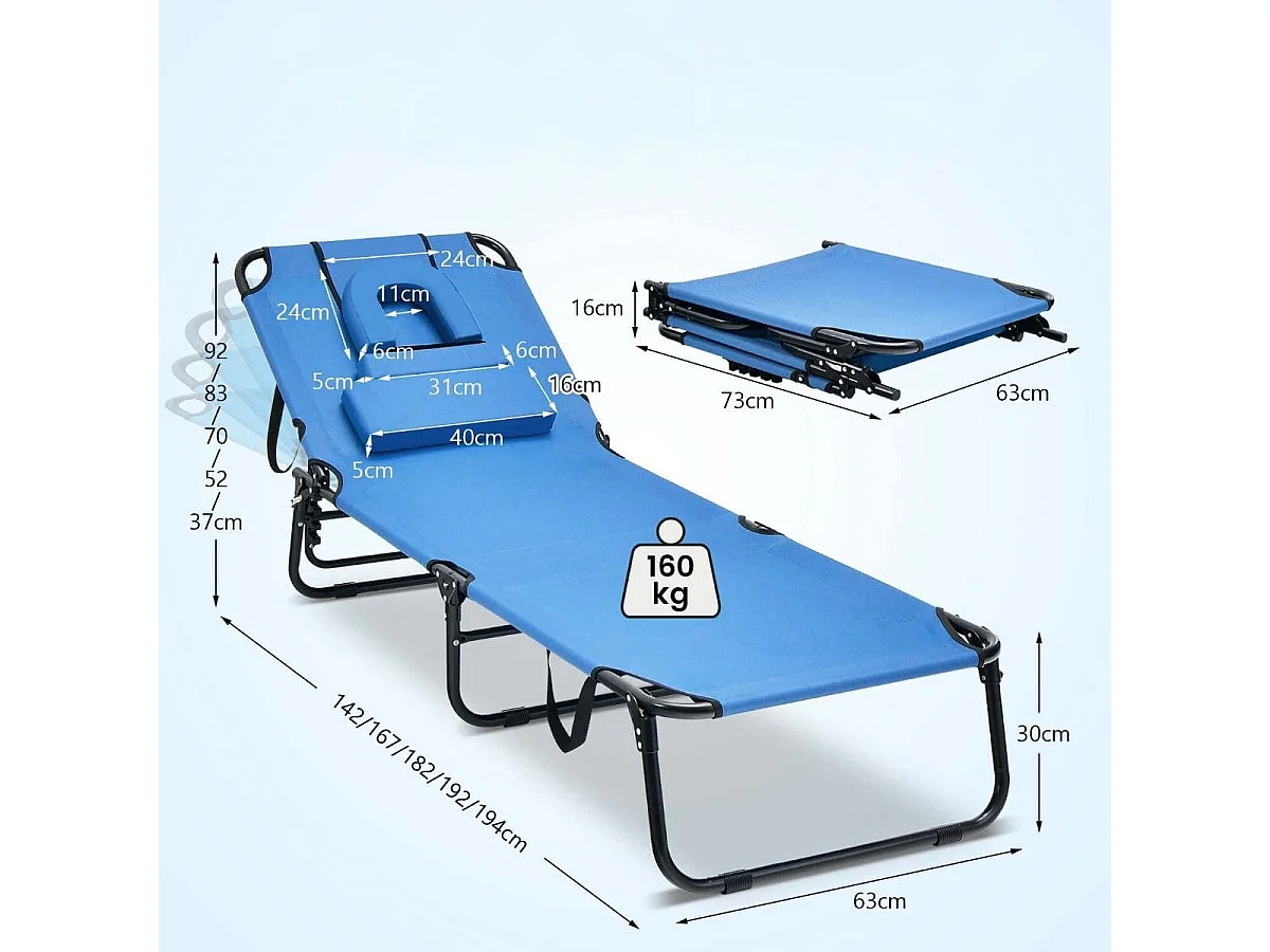 Klappbarer Bräunungsstuhl Strandliege mit Gesichtsöffnung Blau