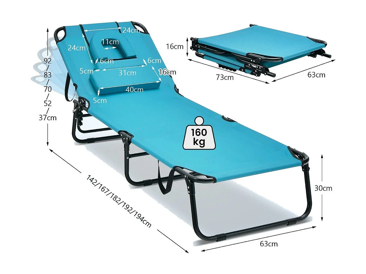 Sedia pieghevole con foro per il viso cuscini rimovibili schienale regolabile in 5  livelli, Sedia a sdraio Azzurro