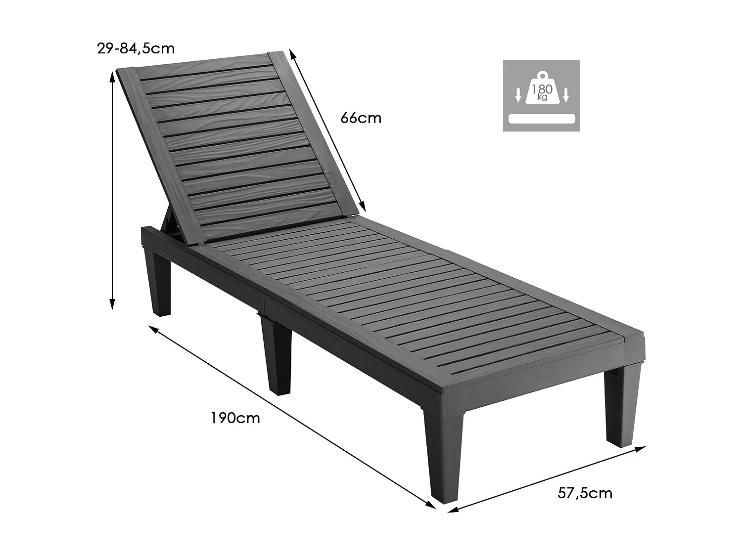 Terrassenliege Outdoor-Liegestuhl mit verstellbarer Rückenlehne 190 x 57.5 x 29 cm Schwarz