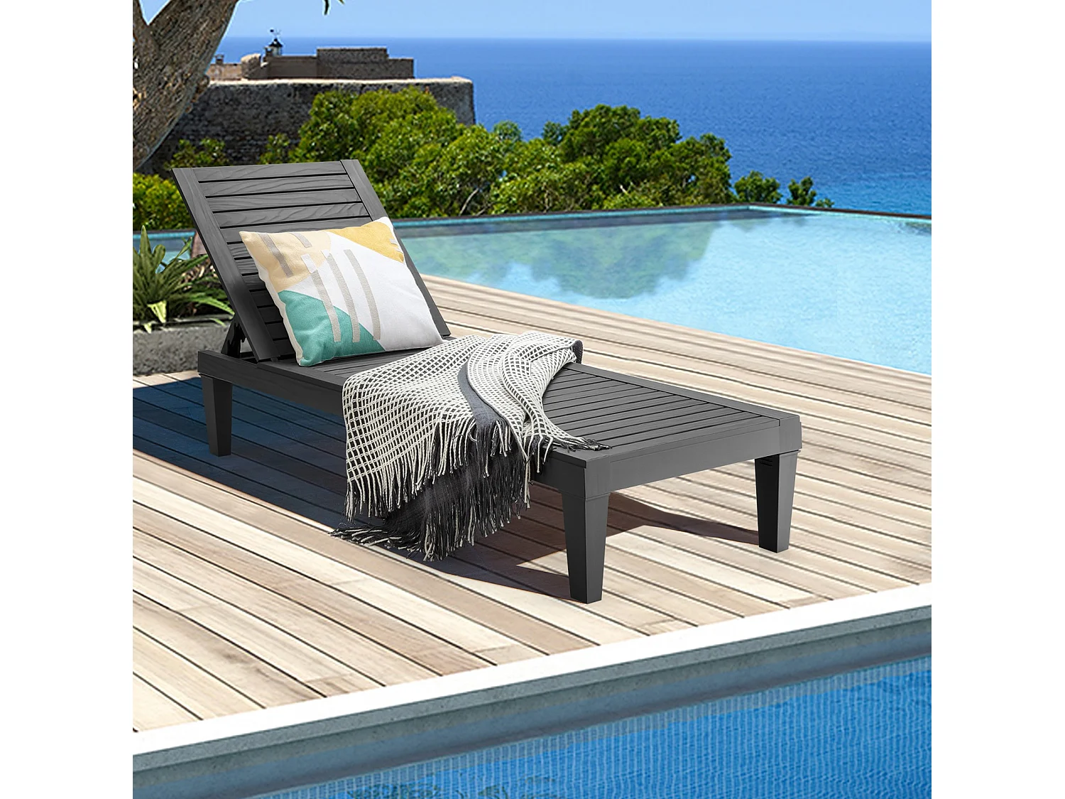Terrassenliege Outdoor-Liegestuhl mit verstellbarer Rückenlehne 190 x 57.5 x 29 cm Schwarz
