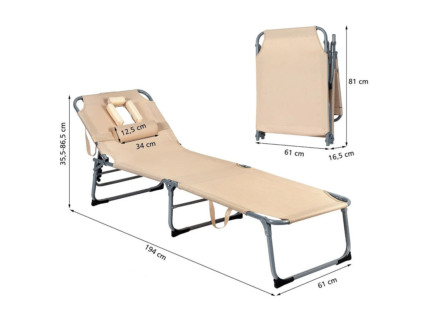 Verstellbare Sonnenliege Zusammenklappbare Strandliege mit Kissen 194 x 61 x 35,5 - 86,5 cm Beige