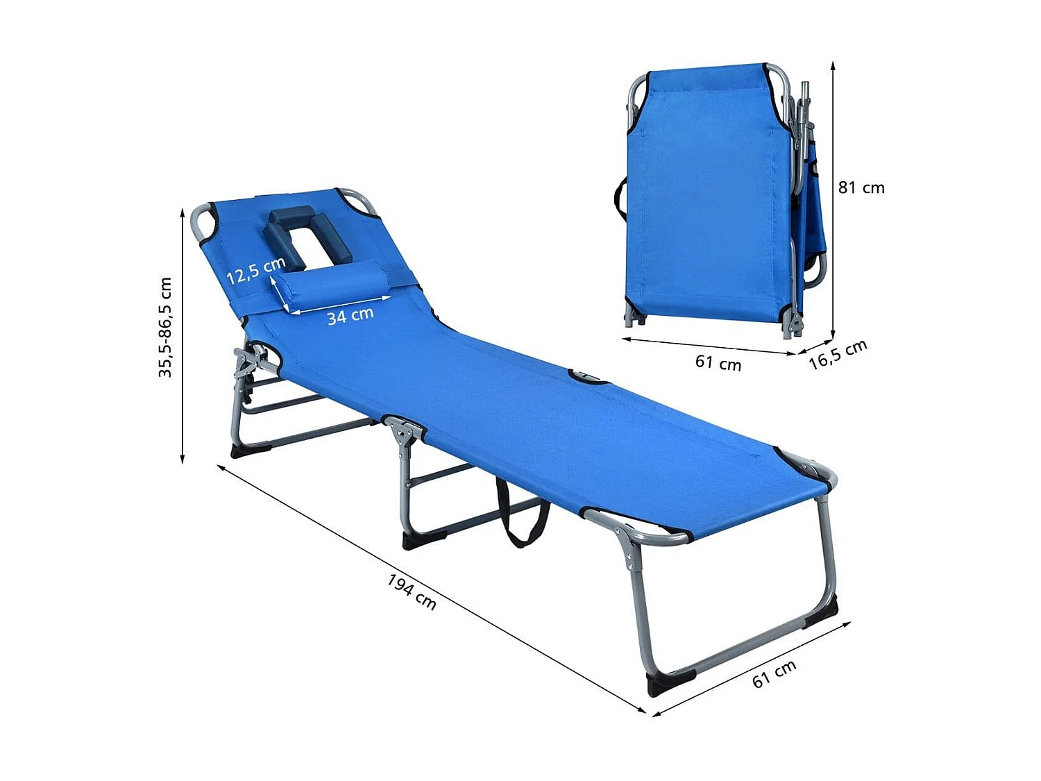 Sonnenliege Zusammenklappbare Strandliege 194 x 60 x 36-86 cm Blau