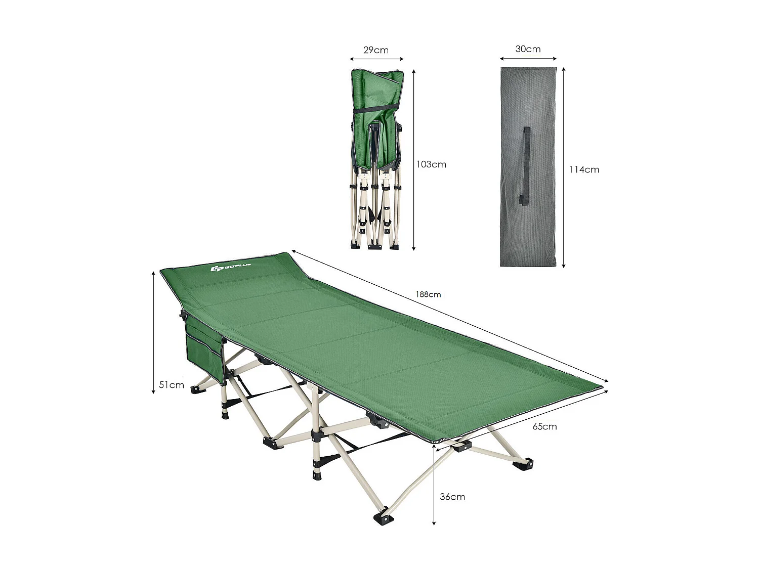Campingbett Strapazierfähiges Reisebett mit Kopfstütze 190 x 70 x 54 cm Grün