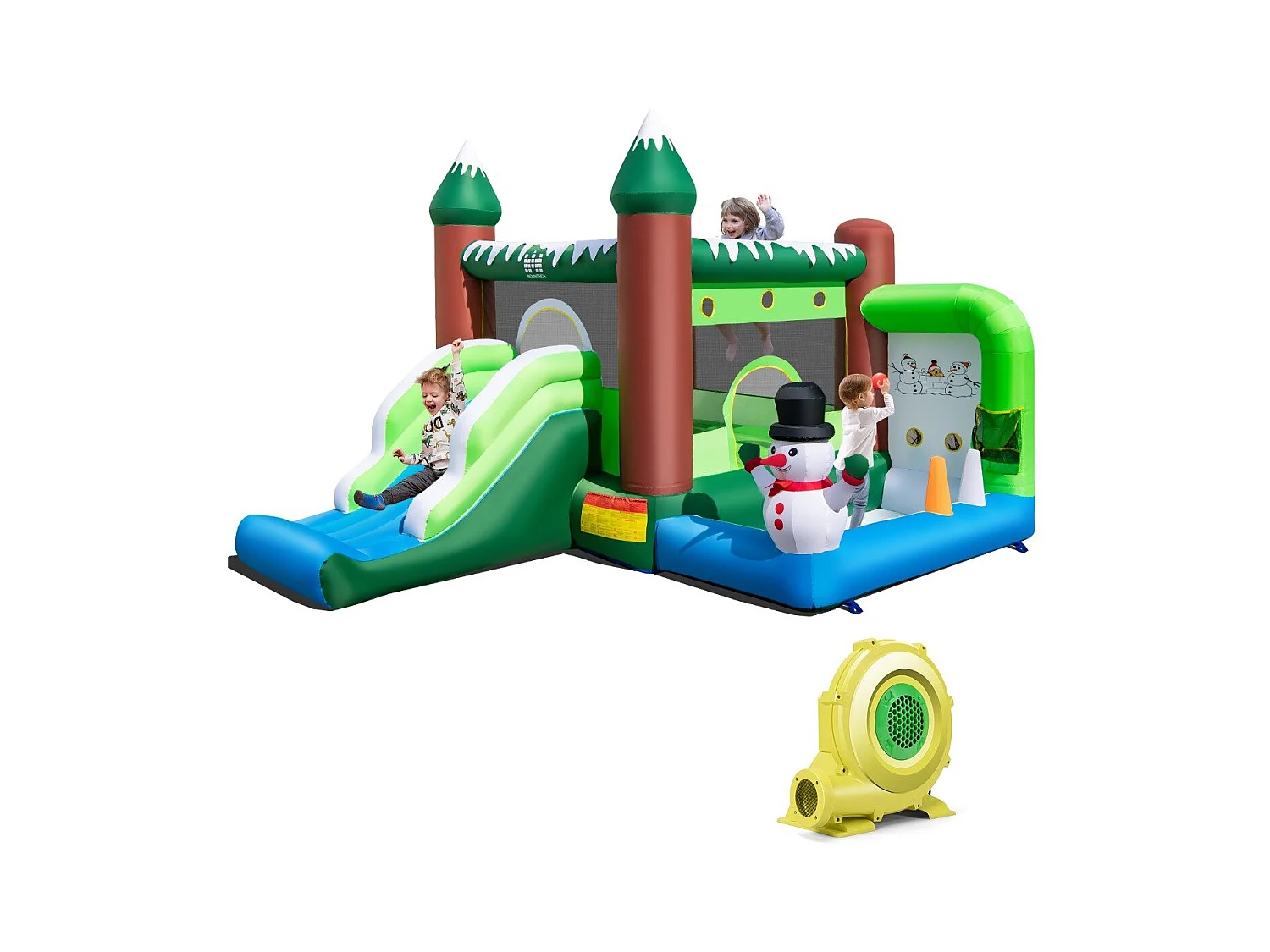 Château Gonflable sur Thème de l'Hiver avec Toboggan Souffleur 735W Panier Lancer d'Anneaux Charge 135kg pour 3 Enfants de 3-10 Ans Vert