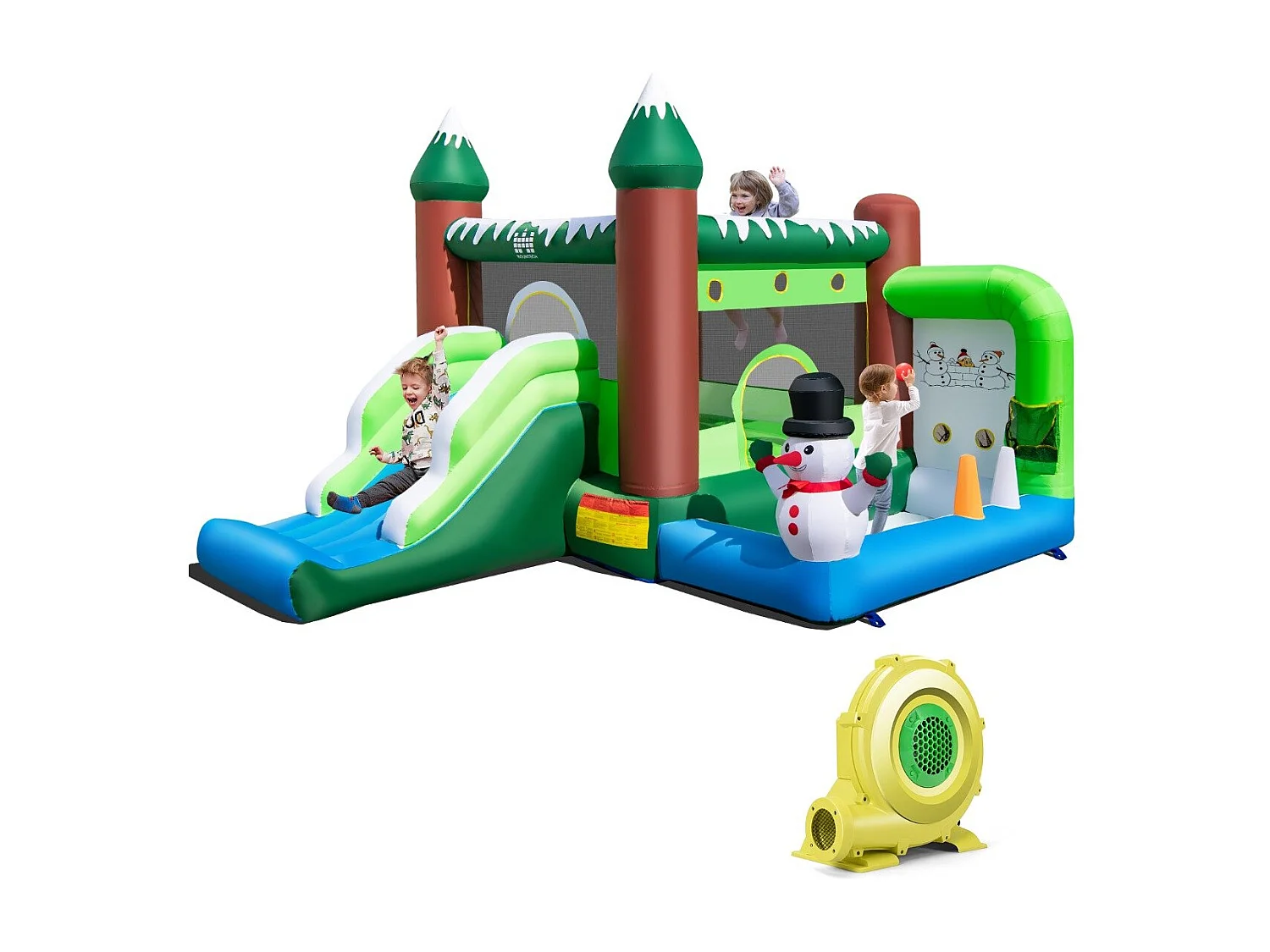 Aufblasbare Hüpfburg für Kinder mit Rutsche Bällebad Basketballkorb & Wurflöchern Spielparadies im Wintermotiv mit 735-W-Luftgebläse