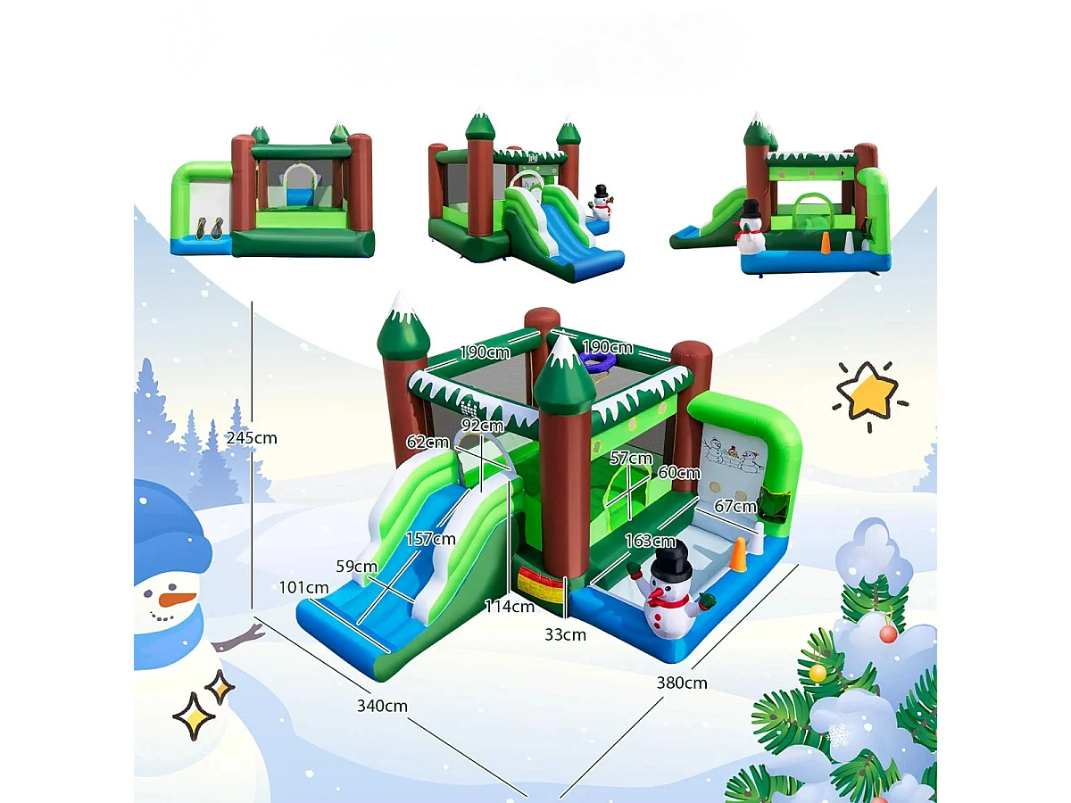 Aufblasbare Hüpfburg für Kinder mit Rutsche Bällebad Basketballkorb & Wurflöchern Spielparadies im Wintermotiv mit 735-W-Luftgebläse