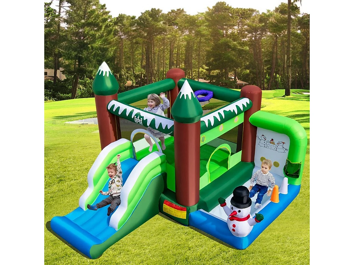 Aufblasbare Hüpfburg für Kinder mit Rutsche Bällebad Basketballkorb & Wurflöchern Spielparadies im Wintermotiv mit 735-W-Luftgebläse