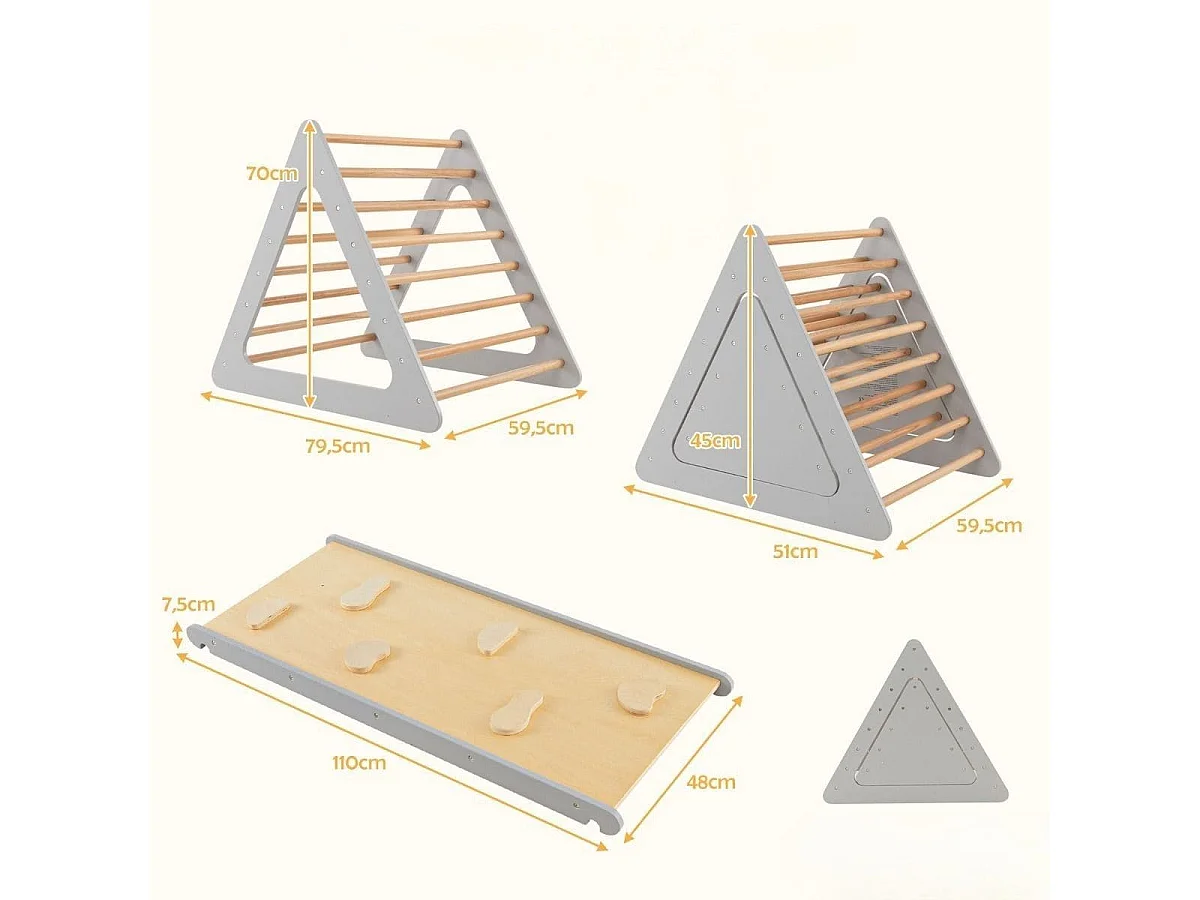 Set da arrampicata 3 in 1 per bambini, Scala triangolare con rampa double face per scivolare e arrampicarsi Grigio