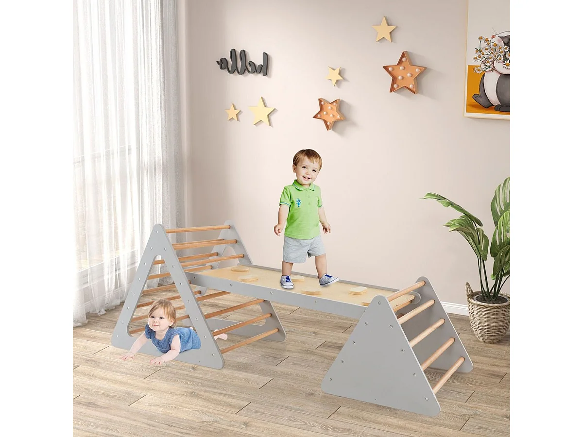 Set da arrampicata 3 in 1 per bambini, Scala triangolare con rampa double face per scivolare e arrampicarsi Grigio