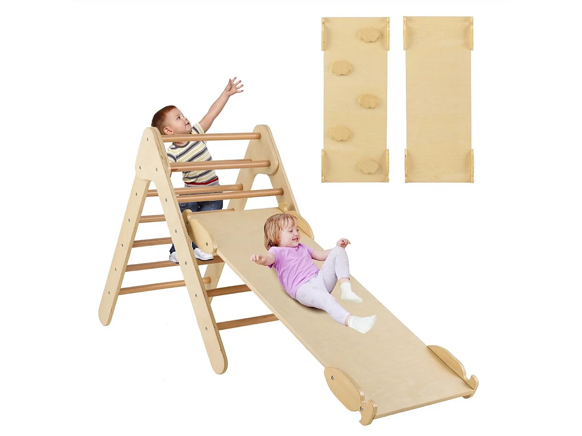 Arrampicata giocattolo a triangolo per bambini 3-in-1, Arrampicatore con rampa di scivolo a 2 lati Naturale