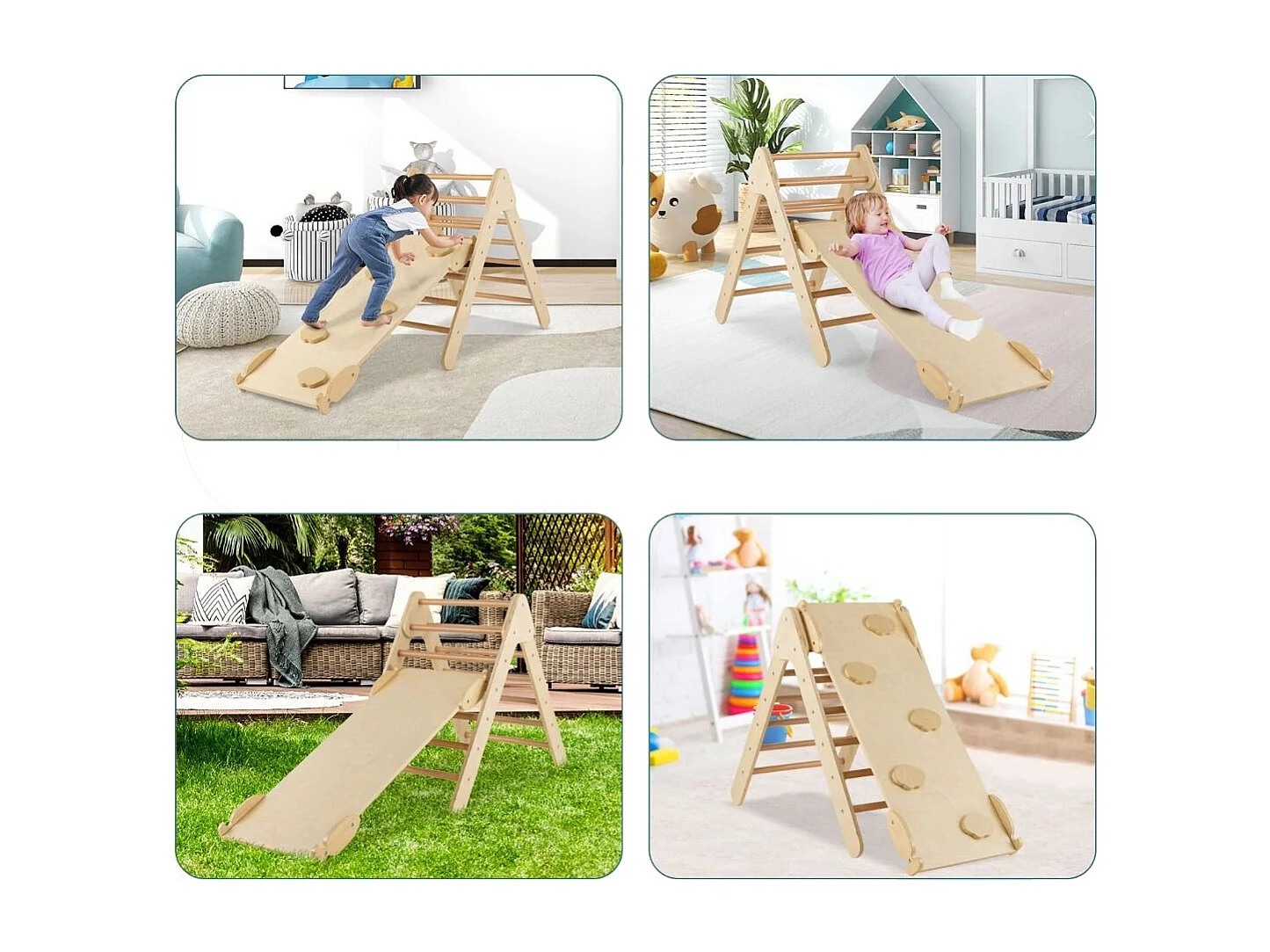 Arrampicata giocattolo a triangolo per bambini 3-in-1, Arrampicatore con rampa di scivolo a 2 lati Naturale
