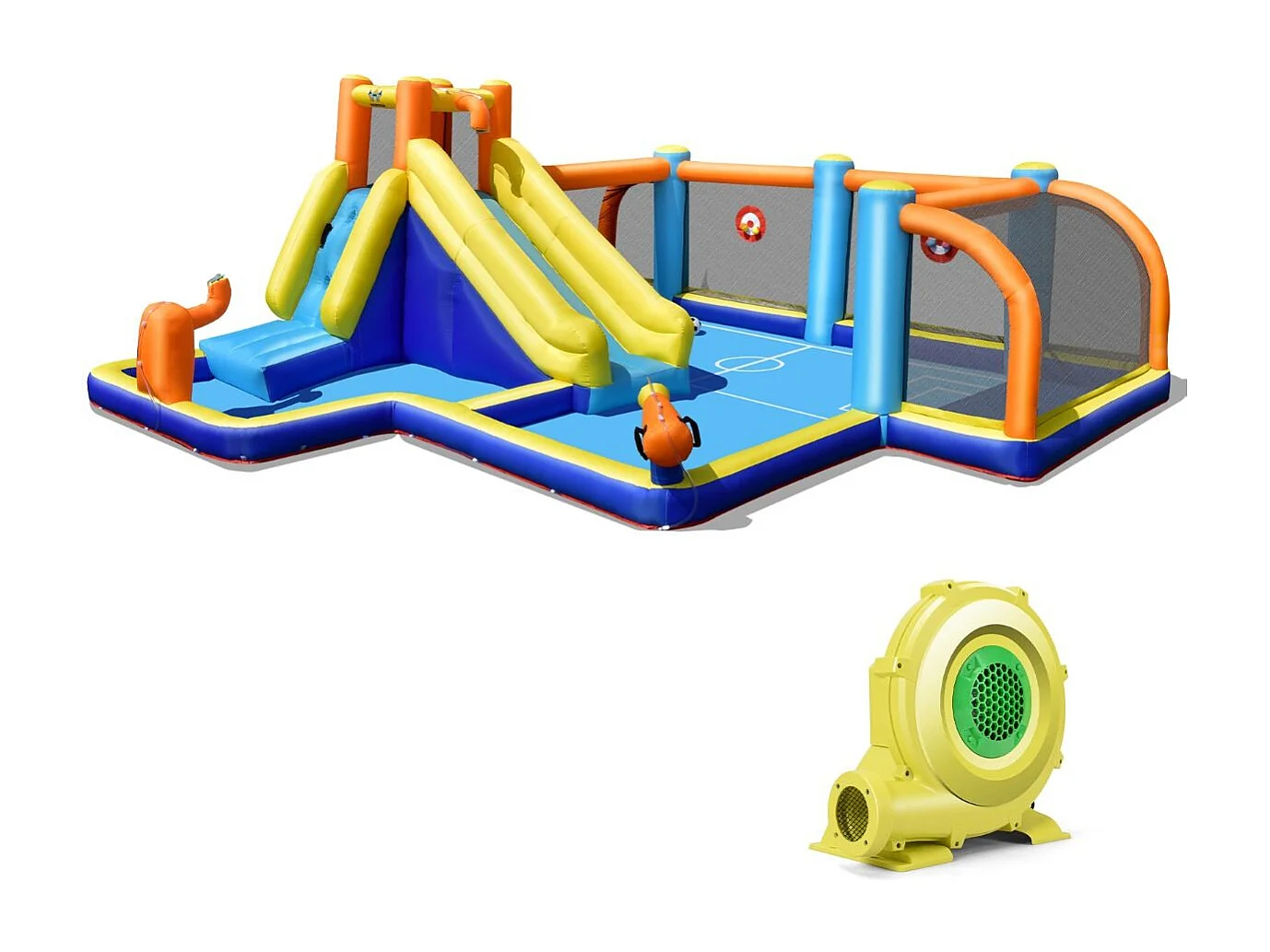 Scivolo acquatico gonfiabile con tema calcio e doppio idrante, Casa gonfiabile bagnato asciutto con compressore