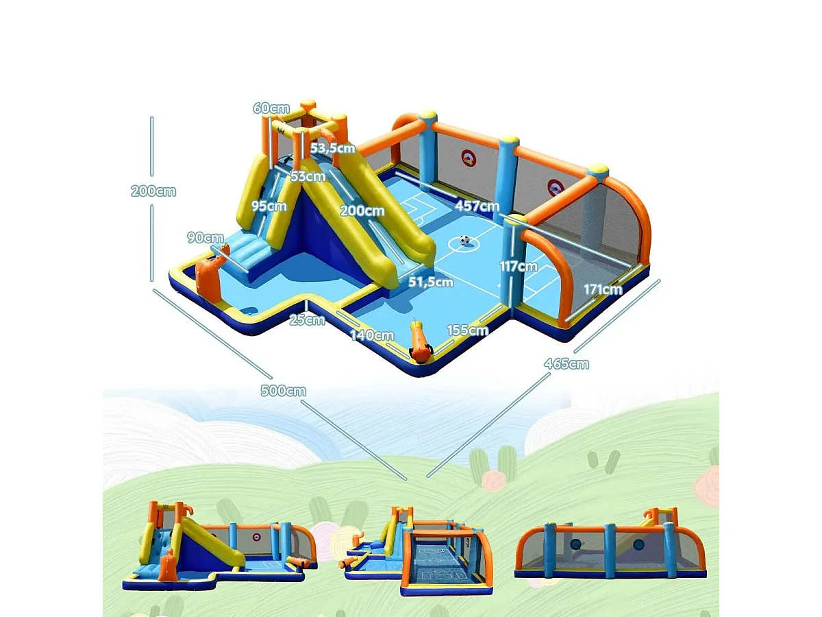Scivolo acquatico gonfiabile con tema calcio e doppio idrante, Casa gonfiabile bagnato asciutto con compressore