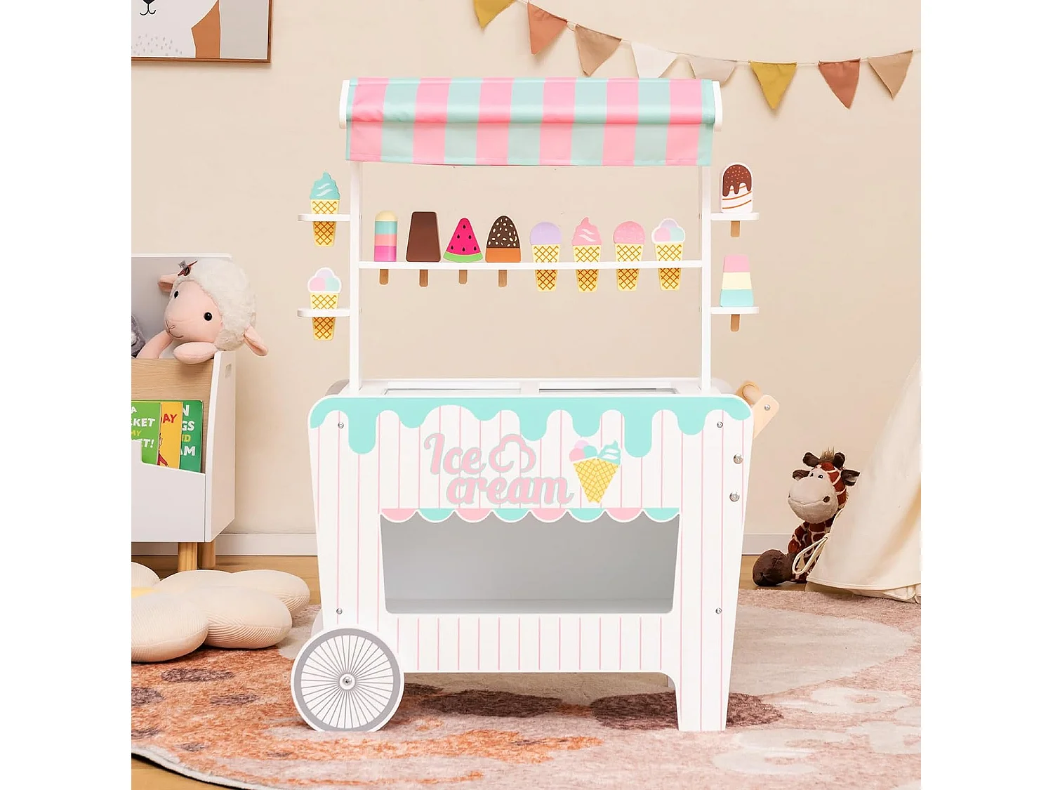 Kaufladen aus Holz mit 2 Rädern