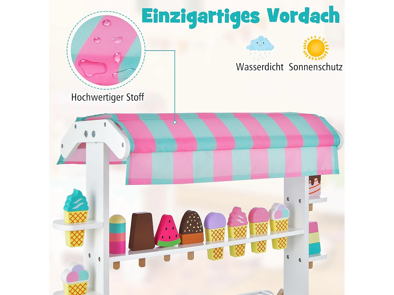 Kaufladen aus Holz mit 2 Rädern