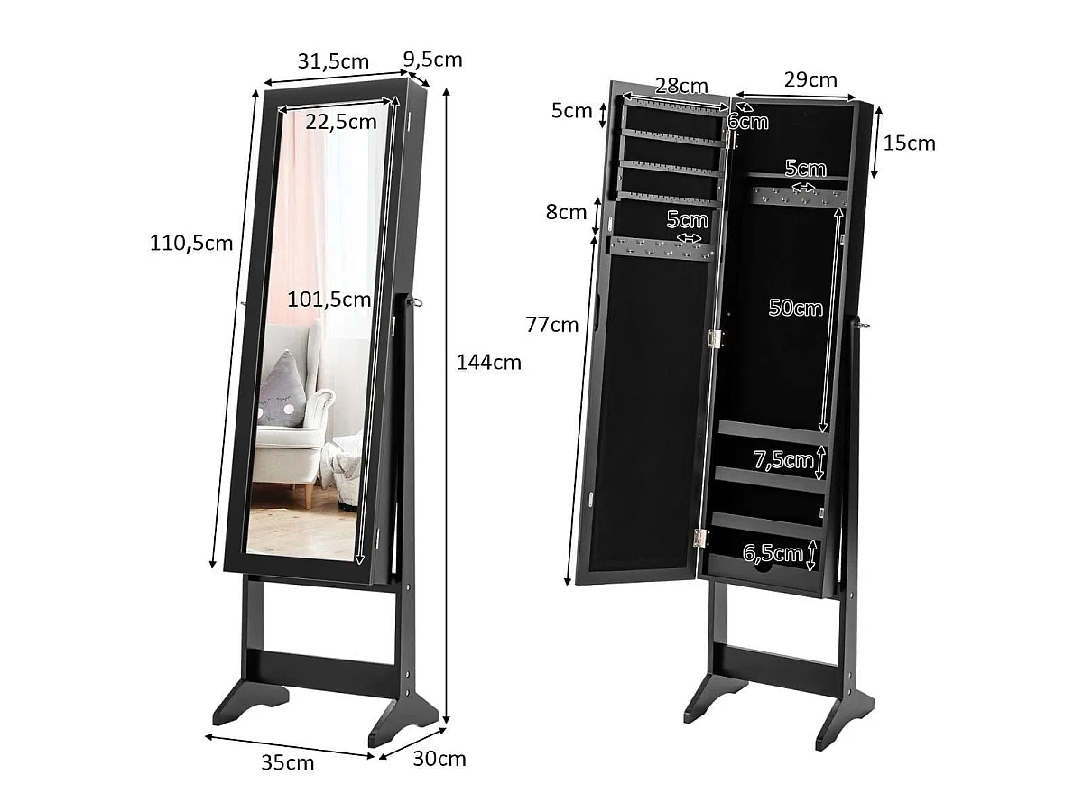 Schmuckschrank mit Spiegel, 35,5 x 30 x 144 cm