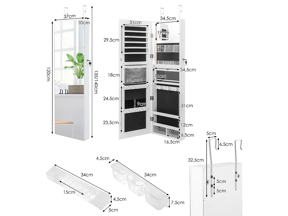 Schmuckschrank mit Ganzkörperspiegel & 3-farbigen Lichtern an der Wand/Tür Weiß