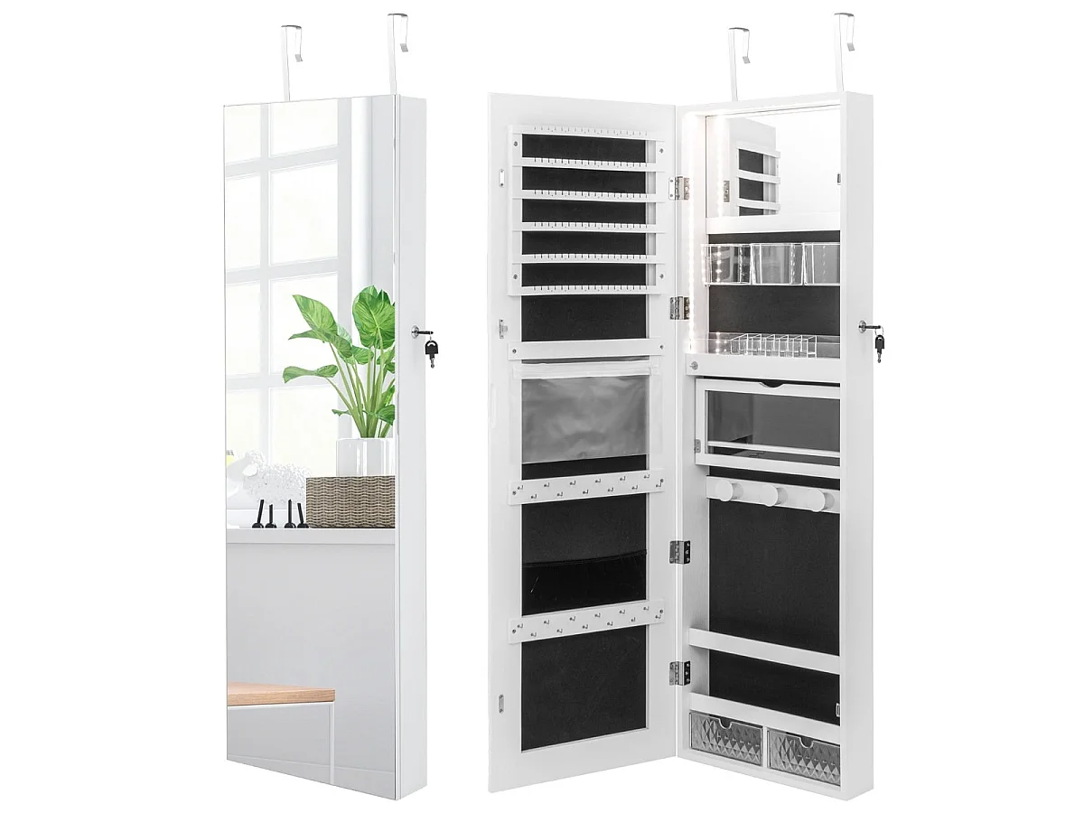 Schmuckschrank mit Ganzkörperspiegel & 3-farbigen Lichtern an der Wand/Tür Weiß