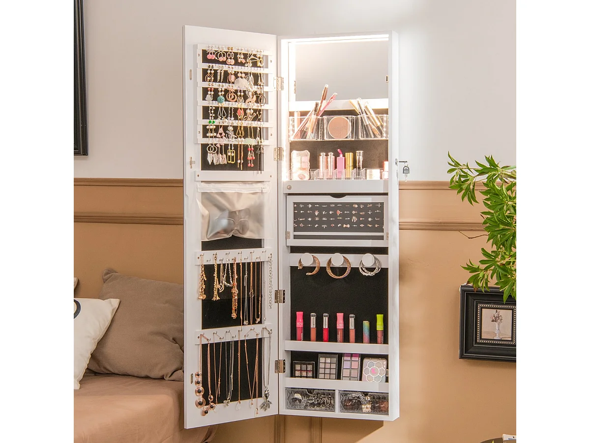 Schmuckschrank mit Ganzkörperspiegel & 3-farbigen Lichtern an der Wand/Tür Weiß