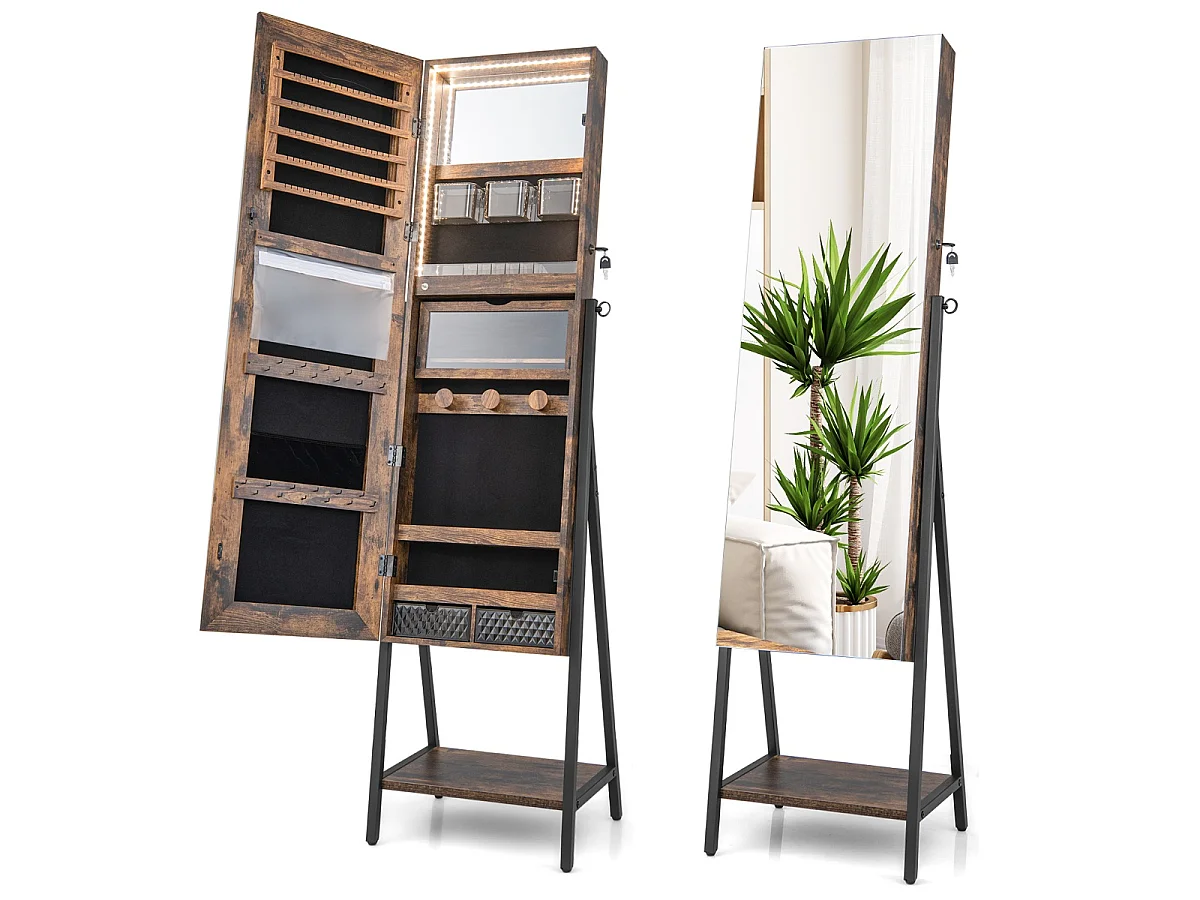 Schmuckschrank mit Spiegel & 3-farbigen LED Beleuchtung 41,5 x 37 x 157 cm Rustikales Braun