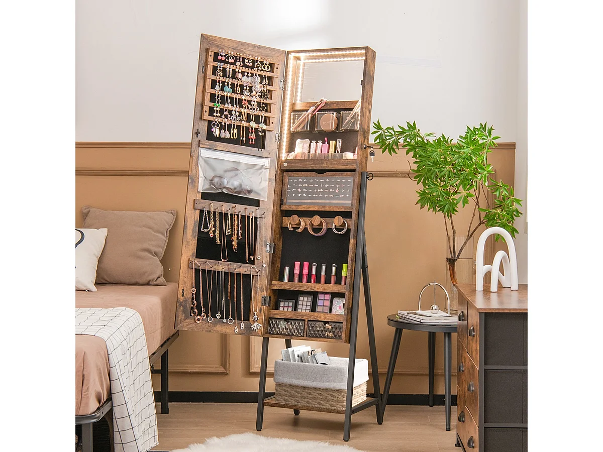 Schmuckschrank mit Spiegel & 3-farbigen LED Beleuchtung 41,5 x 37 x 157 cm Rustikales Braun