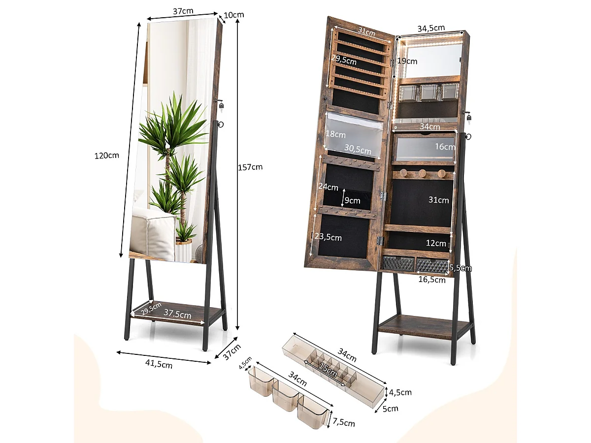 Schmuckschrank mit Spiegel & 3-farbigen LED Beleuchtung 41,5 x 37 x 157 cm Rustikales Braun