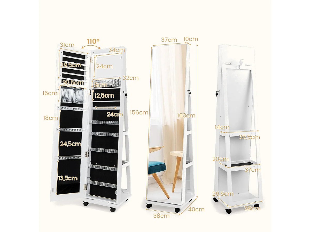 Abschließbarer Schmuckschrank mit integriertem Schminkspiegel verstellbaren Ablagen & Stauraum Weiß