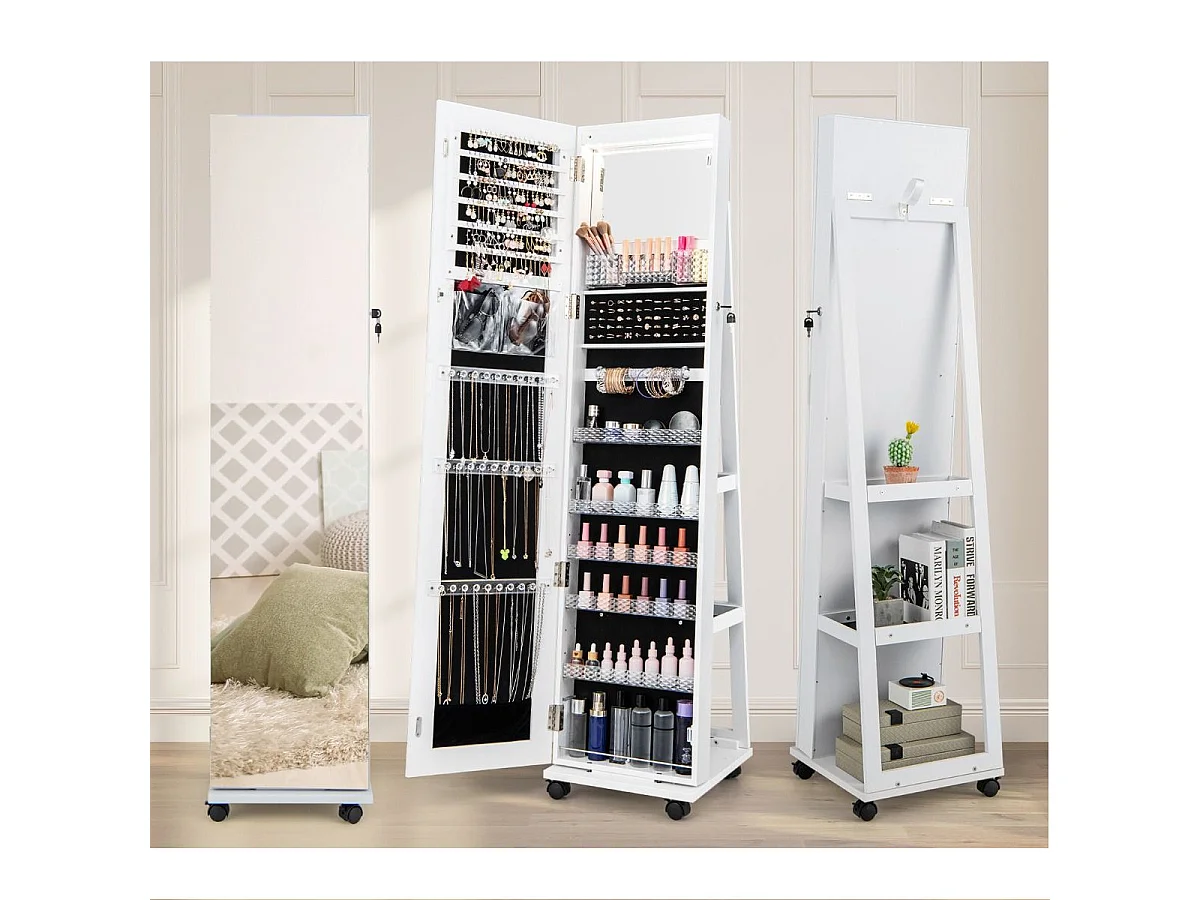 Abschließbarer Schmuckschrank mit integriertem Schminkspiegel verstellbaren Ablagen & Stauraum Weiß