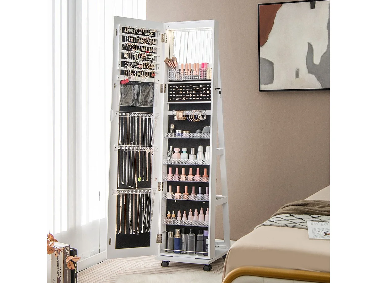 Abschließbarer Schmuckschrank mit integriertem Schminkspiegel verstellbaren Ablagen & Stauraum Weiß