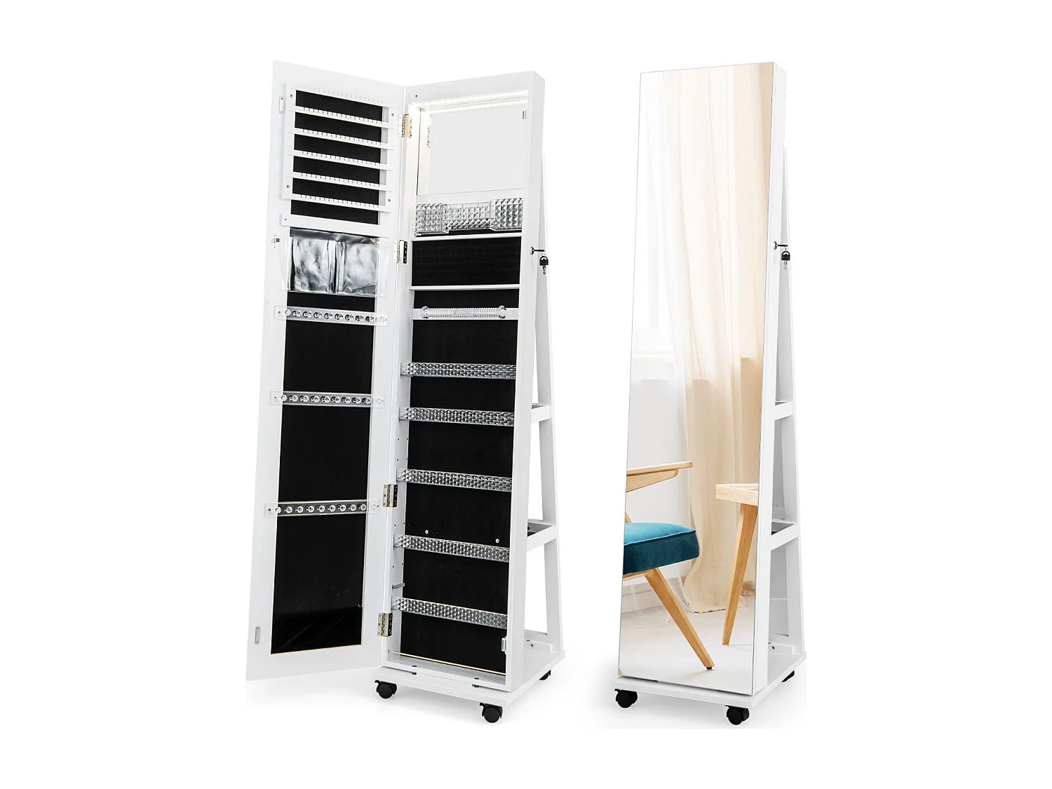 Abschließbarer Schmuckschrank mit integriertem Schminkspiegel verstellbaren Ablagen & Stauraum Weiß